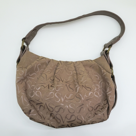Simply Vera VERA WANG Taupe Pleated Hobo Handbag Magnetic Closure Monogram Logo - Picture 1 of 5